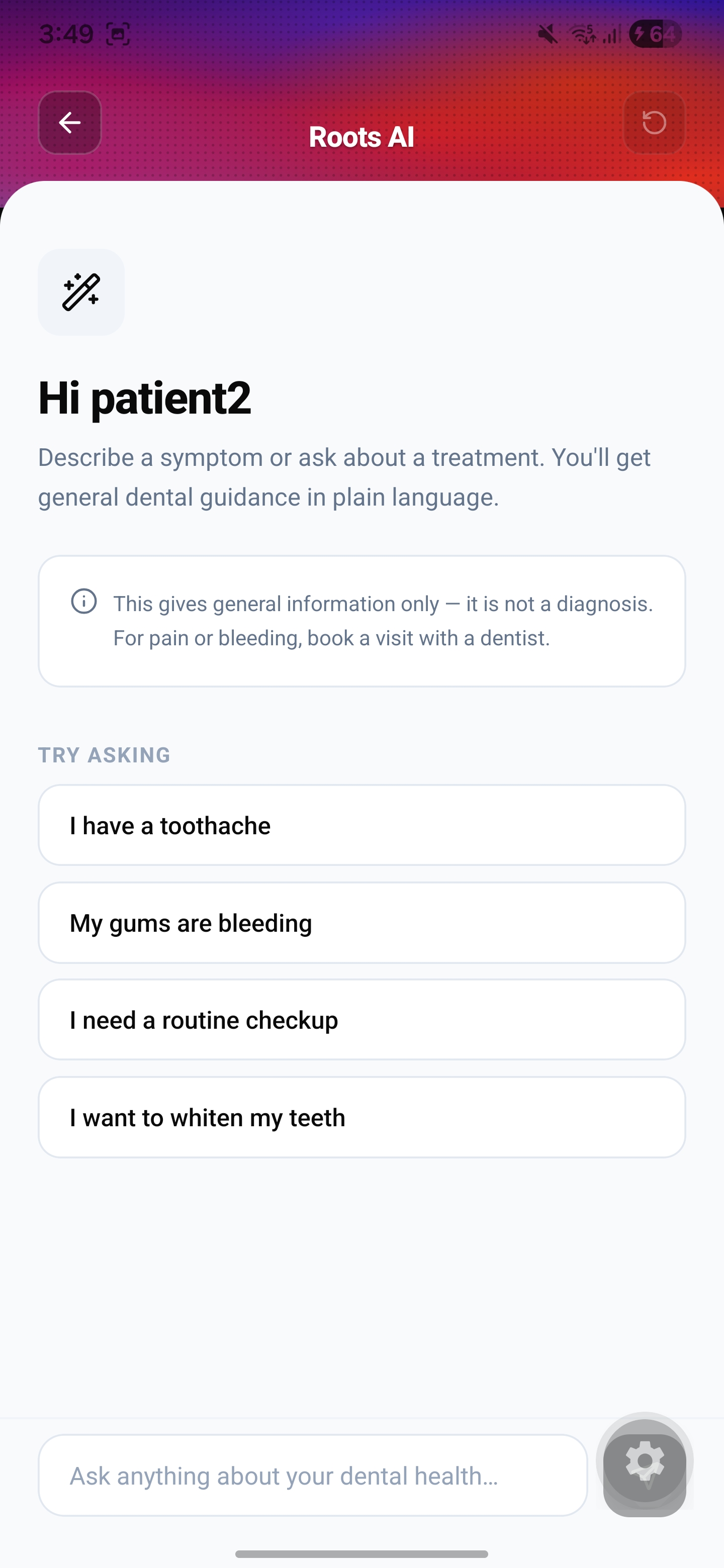 Roots AI answering dental symptom questions in plain language