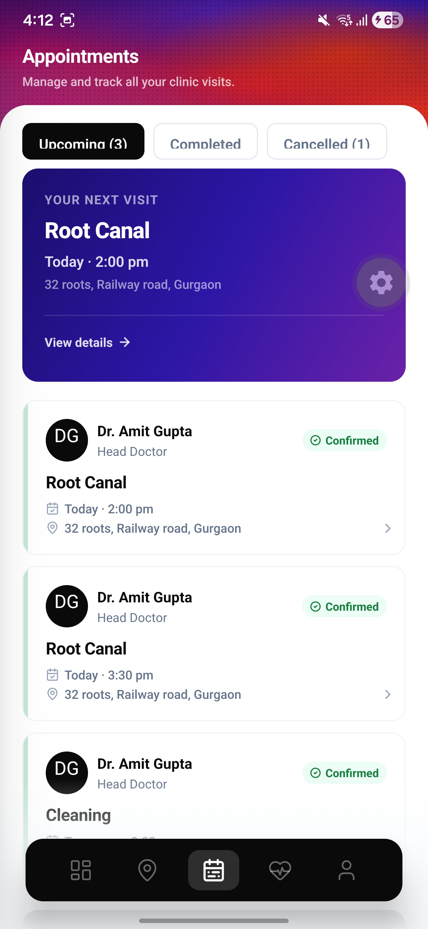 32 Roots appointments screen listing upcoming confirmed dental visits