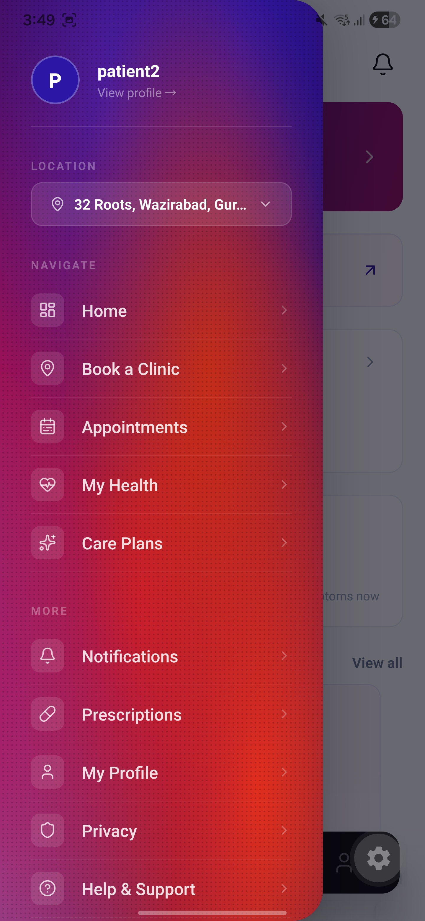 32 Roots navigation menu with clinic location, prescriptions and care plans